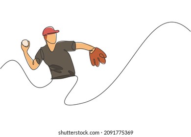 One continuous line drawing of young sporty man baseball player focus practice to throw the ball. Competitive sport concept. Dynamic single line draw design vector illustration for promotion poster