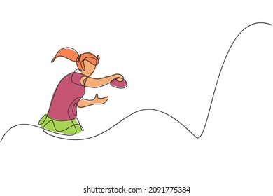 One continuous line drawing of young sporty woman table tennis player practicing her smash hit. Competitive sport concept. Single line draw design vector illustration for ping pong championship poster