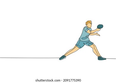 One continuous line drawing of young sporty man table tennis player hold the opponent ball. Competitive sport concept. Single line draw design vector illustration for ping pong championship poster