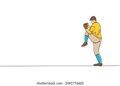 One continuous line drawing of young sporty man baseball pitcher practice to hit the ball. Competitive sport concept. Dynamic single line draw design vector illustration graphic for promotion poster