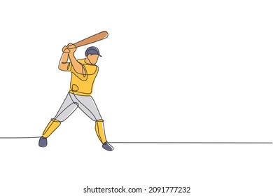 One continuous line drawing of young sporty man baseball player practice to hit the ball at field. Competitive sport concept. Dynamic single line draw design vector illustration for promotion poster