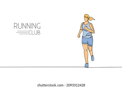 One continuous line drawing young woman athlete runner run pleasure. Individual sport, competitive concept. Dynamic single line draw design graphic vector illustration for running competition poster
