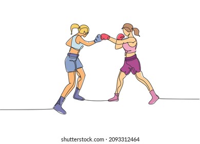 One continuous line drawing of young sporty woman boxer bump their fist punch. Competitive combat sport concept. Dynamic single line draw design vector illustration for boxing match promotion poster