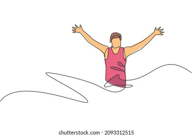 One continuous line drawing of young man athlete runner reach finish line. Individual sport, competitive concept. Dynamic single line draw design vector illustration for running competition poster