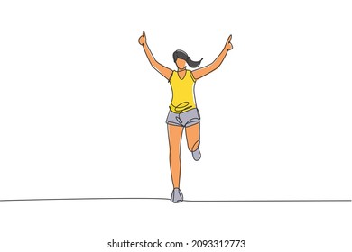 One continuous line drawing of young woman athlete runner reach finish line. Individual sport, competitive concept. Dynamic single line draw design vector illustration for running competition poster