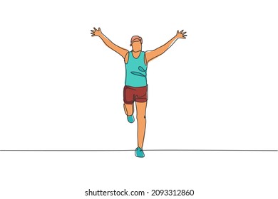 One continuous line drawing of young man athlete runner reach finish line. Individual sport, competitive concept. Dynamic single line draw design vector illustration for running competition poster