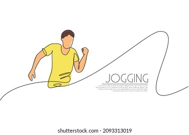 One continuous line drawing of young man athlete runner practicing run. Individual sport, competitive concept. Dynamic single line draw design vector illustration for running competition posteractive,