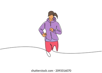 One continuous line drawing of young sporty runner woman relax running at countryside. Healthy lifestyle and fun jogging sport concept. Dynamic single line draw design vector illustration graphic