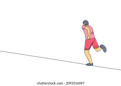 One continuous line drawing of young sporty runner man relax running at countryside. Healthy lifestyle and fun jogging sport concept. Dynamic single line draw design vector illustration graphic
