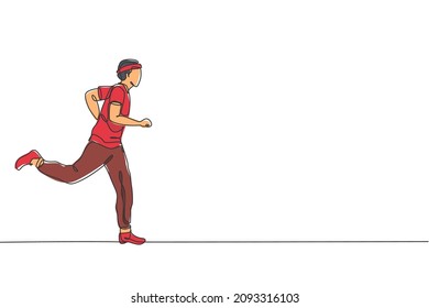 One continuous line drawing of young sporty runner man relax running at countryside. Healthy lifestyle and fun jogging sport concept. Dynamic single line draw design vector graphic illustration