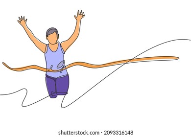 One continuous line drawing young sporty man runner reach the finish line. Health activity sport concept. Dynamic single line draw design vector graphic illustration for running event promotion poster