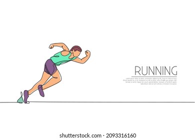 One continuous line drawing of young sporty man runner focus to run fast at track. Health activity sport concept. Dynamic single line draw design vector illustration for running event promotion poster