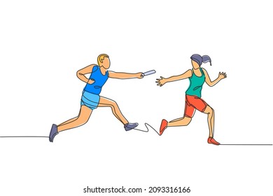 One continuous line drawing of young sporty runner man pass baton stick to his team mate. Healthy lifestyle and fun jogging sport concept. Dynamic single line draw design graphic vector illustration