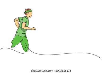 One continuous line drawing of young sporty runner man relax running at countryside. Healthy lifestyle and fun jogging sport concept. Dynamic single line draw design graphic vector illustration