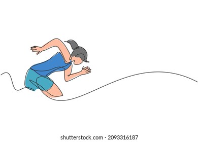 One continuous line drawing of young sporty woman runner focus to train run fast. Health activity sport concept. Dynamic single line draw design vector illustration for running event promotion poster