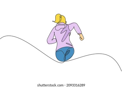 One continuous line drawing of young sporty runner woman relax running at countryside. Healthy lifestyle and fun jogging sport concept. Dynamic single line draw design vector illustration graphic