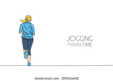 One continuous line drawing of young sporty woman runner run relax, rear view. Health activity sport concept. Dynamic single line draw design vector illustration for running event promotion poster