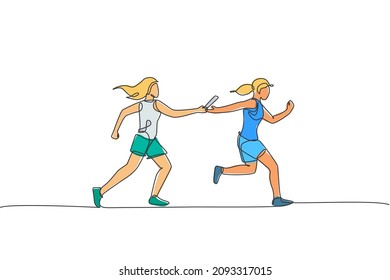 One Continuous Line Drawing Young Sporty Runner Women Pass Baton Stick At Run Race Event. Healthy Lifestyle And Fun Jogging Sport Concept. Dynamic Single Line Draw Design Vector Graphic Illustration