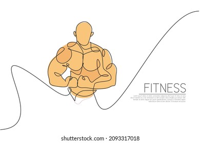 One continuous line drawing of young strong model man bodybuilder pose confidently. Fitness center gym logo concept. Dynamic single line draw design vector illustration for bodybuilding competition
