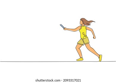 One continuous line drawing of young sporty runner woman try to pass baton stick to her teammate. Healthy lifestyle and fun jogging sport concept. Dynamic single line draw design vector illustration