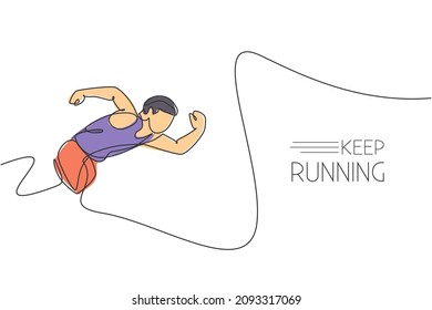 One continuous line drawing of young sporty man runner focus to sprint run fast. Health activity sport concept. Dynamic single line draw design vector illustration for running event promotion poster