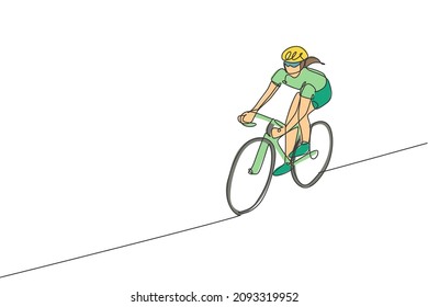 One continuous line drawing of young sporty woman bicycle racer focus train her skill at cycling track. Road cyclist concept. Single line draw design vector illustration for cycling competition poster