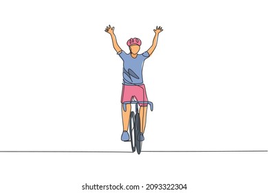 One continuous line drawing of young sporty man bicycle racer cross finish line and raise up his hands. Road cyclist concept. Single line draw design vector illustration for cycling competition poster