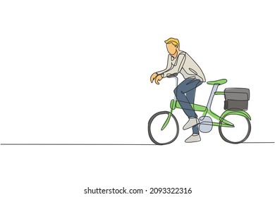 One continuous line drawing of young professional manager man cycling ride folding bicycle to his office. Healthy working urban lifestyle concept. Dynamic single line draw design vector illustration