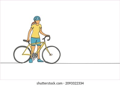 One continuous line drawing of young sporty woman bicycle racer wait for her friend at road side. Road cyclist concept. Dynamic single line draw design vector illustration for cycling sport poster