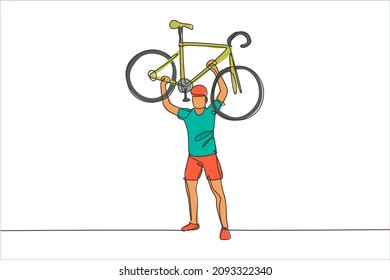 Una línea continua dibujando a un joven deportista corredor de bicicletas elevando su bicicleta ligera. Concepto de ciclista de carretera. Diseño gráfico de dibujo de línea única dinámica ilustración vectorial para afiche de competencia de ciclismo