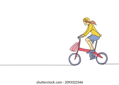 One continuous line drawing of young professional manager woman cycling ride folded bicycle to her office. Healthy working urban lifestyle concept. Dynamic single line draw design vector illustration