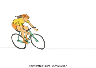 One continuous line drawing young sporty woman bicycle racer pedaling her bike so fast. Road cyclist concept. Dynamic single line draw design vector illustration graphic for cycling competition poster