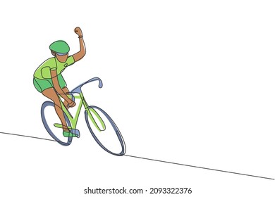 One continuous line drawing of young sporty man bicycle racer wave hand to supporters. Road cyclist concept. Dynamic single line draw design graphic vector illustration for cycling competition poster