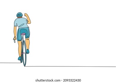 Un continuo dibujo en línea de un joven corredor de bicicletas de hombres deportivos levanta la mano para celebrar el final. Concepto de ciclista de carretera. Dibujo de una sola línea ilustración vectorial para el afiche de la competencia ciclista