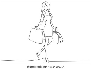 One continuous line drawing young happy beauty woman holding paper bags after buying dress, make up, cosmetic, fashion in mall. Shopping in mall concept. Single line draw design illustration