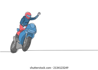 One Continuous Line Drawing Of Young Moto Racer Wave His Hand To Spectators. Super Bike Racing Concept Graphic Vector Illustration. Dynamic Single Line Draw Design For Motorbike Race Promotion Poster
