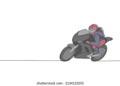 One continuous line drawing of young moto biker practicing at circuit track. Super bike racing concept graphic vector illustration. Dynamic single line draw design for motorbike race promotion poster