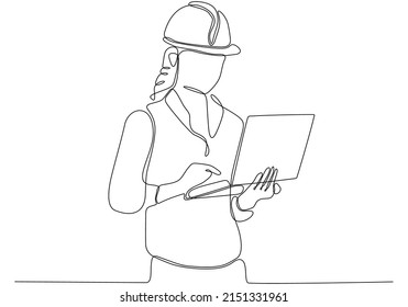 
One continuous line drawing the young foreman of the manager controlling the construction of the building. Building an architectural business concept. Single line vector graphic design illustration