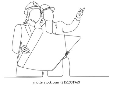 
One continuous line drawing the young foreman of the manager controlling the construction of the building. Building an architectural business concept. Single line vector graphic design illustration