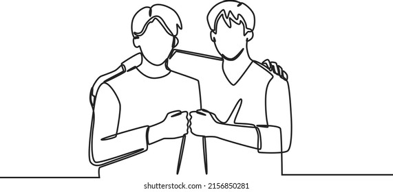 One continuous line drawing of young boy and his friend standing together and posing to huge each other. Friendship day. Single line draw design vector graphic illustration.