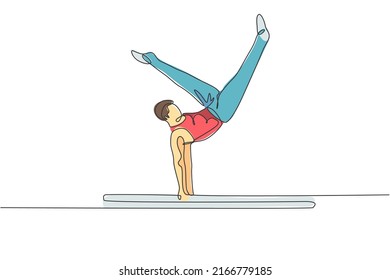 One continuous line drawing of young man exercising parallel bars gymnastic. Gymnast athlete in leotard. Healthy sport and active concept. Dynamic single line draw design graphic vector illustration