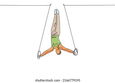 One continuous line drawing of young man exercising steady rings at gymnastic. Gymnast athlete in leotard. Healthy sport and active concept. Dynamic single line draw design vector illustration graphic