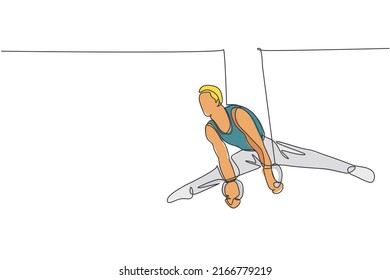 One continuous line drawing of young man exercising steady rings at gymnastic. Gymnast athlete in leotard. Healthy sport and active concept. Dynamic single line draw design vector illustration graphic