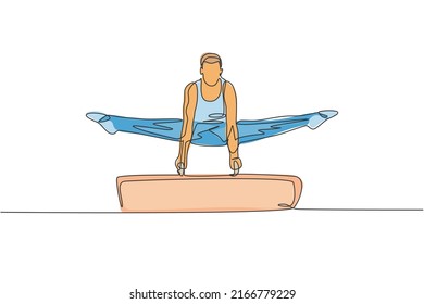 One continuous line drawing of young man exercising pommel horse at gymnastic. Gymnast athlete in leotard. Healthy sport and active concept. Dynamic single line draw graphic design vector illustration