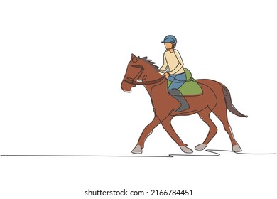 One continuous line drawing of young horse rider man in action. Equine training at racing track. Equestrian sport competition concept. Dynamic single line draw design vector illustration graphic