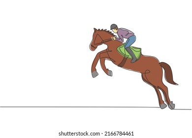 One continuous line drawing of young horse rider man in action. Train equine to jump at racing track. Equestrian sport competition concept. Dynamic single line draw design graphic vector illustration