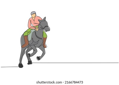 One continuous line drawing young horse rider man in action to run. Equine training at racing track. Equestrian sport competition concept. Dynamic single line draw design graphic vector illustration