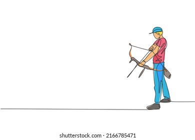 One continuous line drawing of young archer man pulling bow to shooting an archery target. Archery sport training and exercising concept. Dynamic single line draw design vector illustration graphic