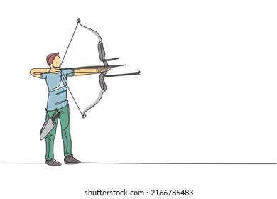One continuous line drawing of young archer man pulling bow to shooting an archery target. Archery sport training and exercising concept. Dynamic single line draw design graphic vector illustration