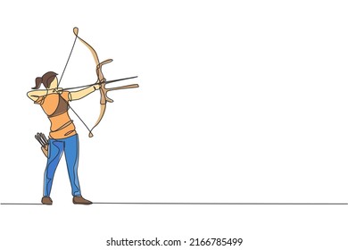 Una línea continua de una joven arquera tirando del arco para disparar a un blanco de tiro con arco. Entrenamiento deportivo y ejercicio de conceptos. Ilustración vectorial de diseño de línea única dinámica